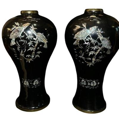 A Pair of Asian Brass Planters with Mother of Pearl Applique