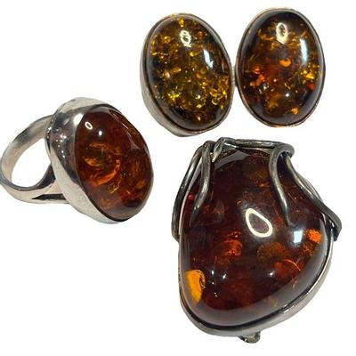 Collection Vintage Sterling Silver and Amber Jewelry