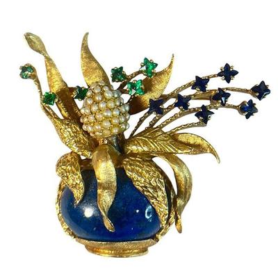 A 14k Gold Multi Gem Floral Bouquet Brooch