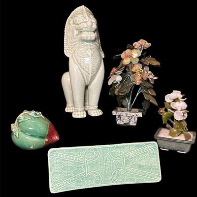 A Collection of Asian Items, Celadon Glaze Foo Dog, Two Jade Trees