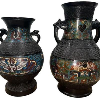 Japanese Champleve Bronze Vases With Bird Handles, Near Pair