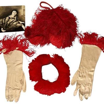 Late 1800s Marshall Fields Opera Feathered Purse Fan, Gloves, and Accessories