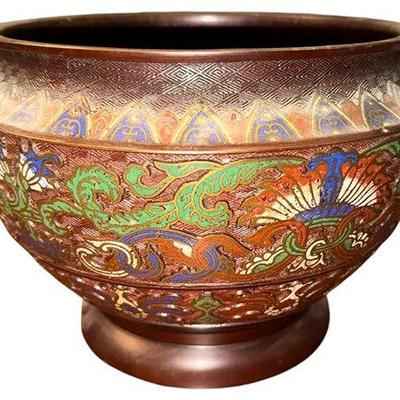 An Antique Asian Bronze Champleve Enamel Jardiniere