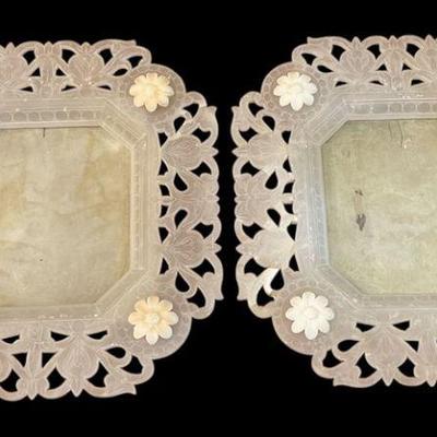 Pair Ornately Carved White Jade Frames