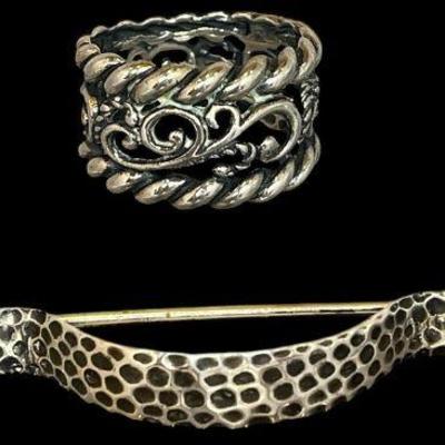 A Sterling Silver Ring and an Arts & Crafts Hand Hammered Sterling Brooch