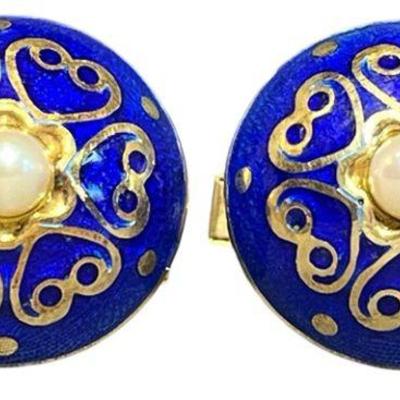 A Pair of 14k Gold Enamel and Pearl Cufflinks