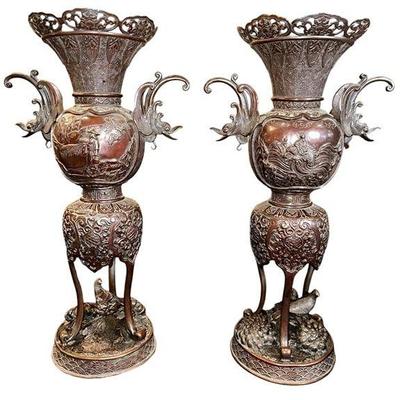Japanese Bronze Incense Burners, Pair
