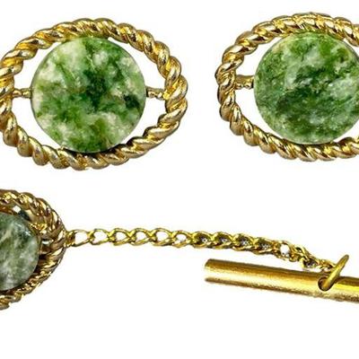 A Vintage Gold Tone & Green Stone Dress Set