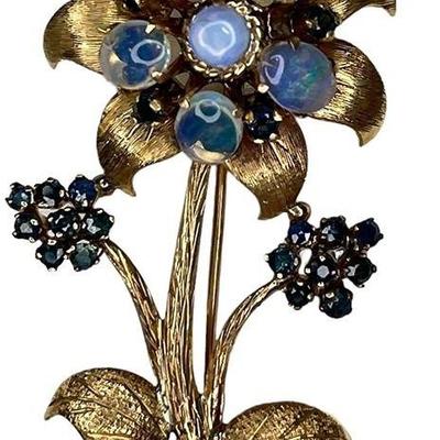 Floral Gold, Moonstone, and Sapphire Brooch