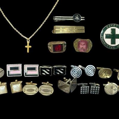A Collection of Vintage Cufflinks, Rings, and Tie Clips