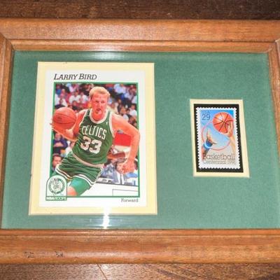 Larry Bird Celtic collectible stamp and trading card framed