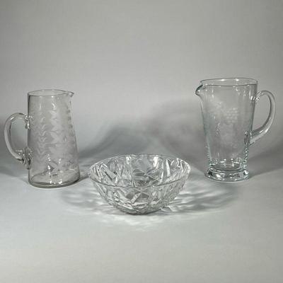 (3pc) TIFFANY & OTHER GLASS ITEMS | Including Tiffany & Co. "cracked ice" form bowl (h. 32.25 x dia. 9 in.), plus a...