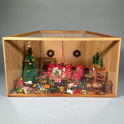 CHRISTMAS DOLLHOUSE DIORAMA | Miniature dollhouse diorama displaying Christmas figures, miniatures, etc. in a cozy room with a fireplace...
