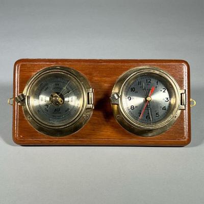 PLASTIMO SHIP'S CLOCK & BAROMETER | Brass case on a wood board. - h. 6 x w. 12.5 x d. 2.5 in

