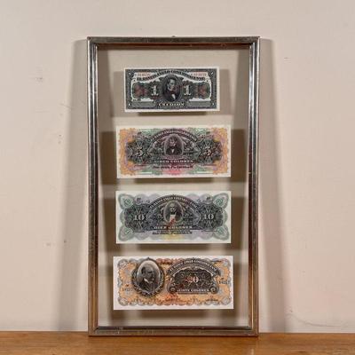 COSTA RICAN CURRENCY | Four Costa Rican bills float-mounted in a frame, including 1, 5, 10, and 10 Colones. - 18-1/2 x 11 in. (frame)

