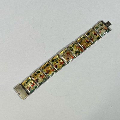 PAINTED MOTHER OF PEARL BRACELET | Mother of pearl bracelet paint decorated with equestrian scenes - w. 1 x l. 7.25 in

