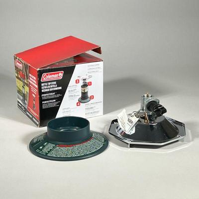 NIB COLEMAN BOTTLE TOP STOVE | Coleman propane-powered bottle top stove with adjustable burner, large base, and wind baffles. - h. 6.5 x...