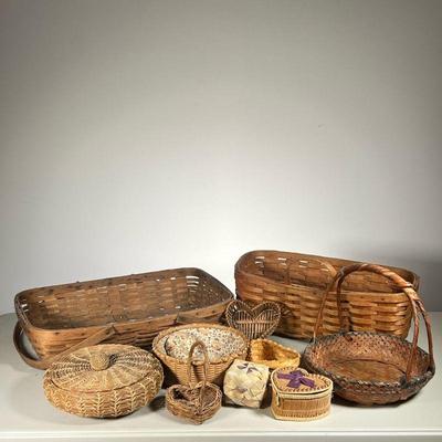 (9pc) Antique American & Vintage Baskets | Includes: (1) Large Farm Basket with double handle. (1) Hanging Splint Basket. (2) Sewing...