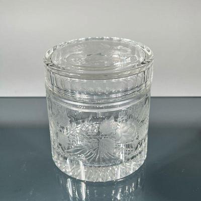 ETCHED GLASS JAR | Small round lidded jar with etched floral design. - h. 4.25 x dia. 4 in

