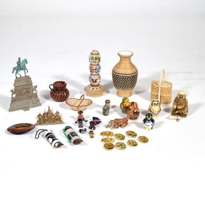 RUSSIAN & ASIAN MINIATURE ITEMS | Including Russian pins, sets of miniature Russian nesting dolls, a miniature woven basket, carved...
