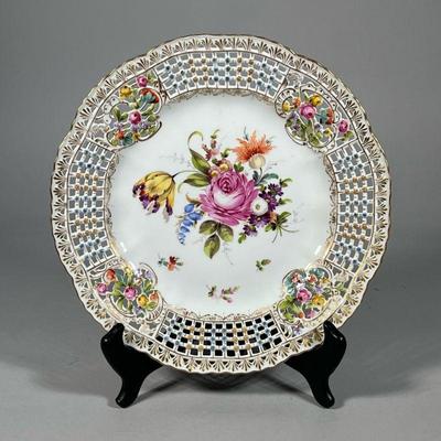 DRESDEN RETICULATED PLATE | Floral spray in the center with a gilt and reticulated rim, marked on the bottom. - dia. 10.25 in

