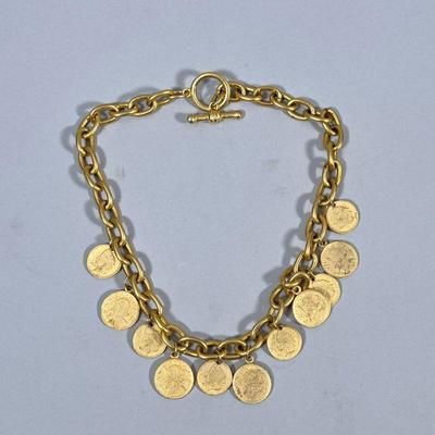 BRASS COIN NECKLACE | Mixed metal necklace with 11 alternating mixed metal antique style coin pendants - l. 19 in

