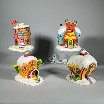(4pc) DEPARTMENT 56 DR. SEUSS CHRISTMAS VILLAGE | Illuminating Grinch-themed / Dr. Seuss Christmas scene village houses, each lights up,...