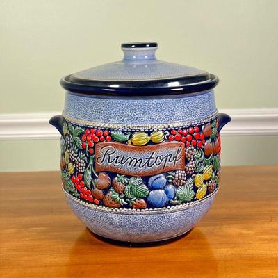 Colorful Rumtopf Pot | Lidded Rumtopf jar with fruit decoration and gilt highlights. - h. 10 x dia. 10 in

