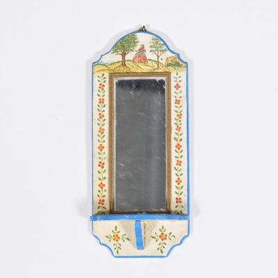 Rosemarie Torre Miniature Mirror | Hand-painted mirror with shelf, signed and dated 1980 on verso.- h. 4 x w. 1.75 in

