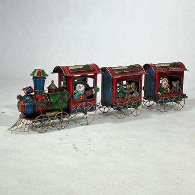 (3pc) PAINTED TIN CHRISTMAS TRAIN | Locomotive only 21 inches. - h. 13 x w. 10 x l. 50 in (overall connected together)

