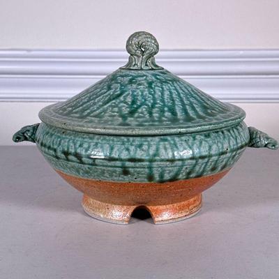 ART POTTERY SOUP TUREEN | Green glazed tureen signed on bottom. - h. 7 x dia. 9 in

