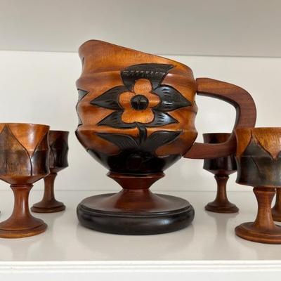 hand carved wooden pitcher and goblets from Haiti
