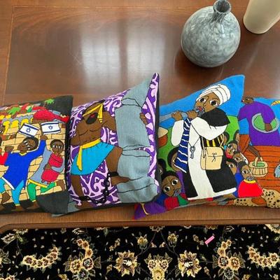 embroidered pillows from Ethiopia with Jewish themes