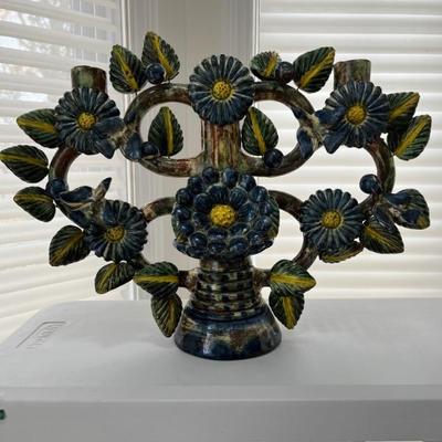 Vintage Mexican folk art ceramics including large figures and tree of life candelabras