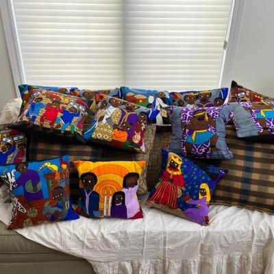 embroidered pillows from Ethiopia with Jewish themes