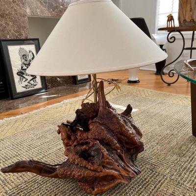 1970s burled driftwood lamp, very funky