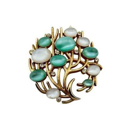 Lot 112  
Trifari Signed Turquoise/White Enamel Brooch with Rhinestones