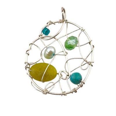 Lot 050-196   
Sterling Silver Wire Wrapped Pearl and Glass Pendant