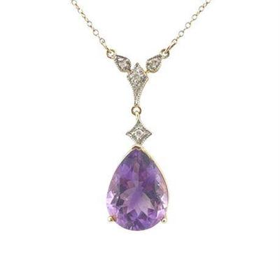Lot 001-190   
Amethyst and Diamond Drop 13 Carat 14 K Gold Necklace