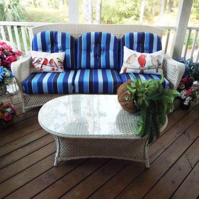 Sale Photo Thumbnail #46: OUTDOOR THREE SEAT WICKER SOFA W/ CUSHIONS AND OVAL WICKER AND GLASS TABLE