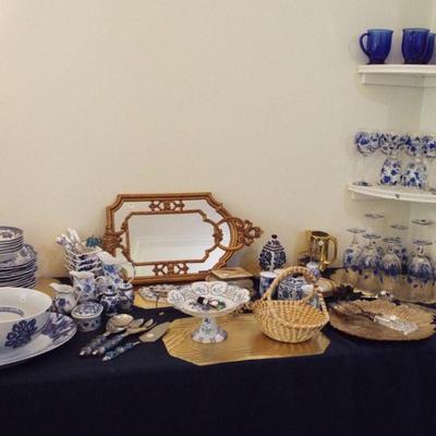 ASSORTED BLUE AND WHITE CHINA, SERVING PIECES AND SEAGRASS BASKET