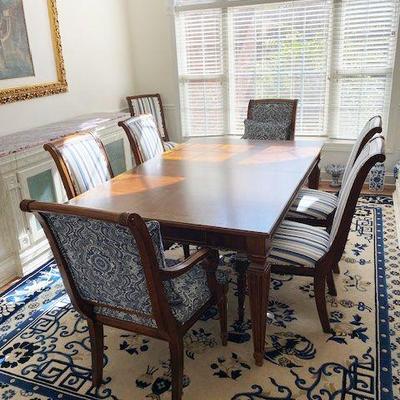 Sale Photo Thumbnail #130: ETHAN ALLEN DINING TABLE
W/BALUSTER LEGS & 2 LEAVES
8 CHAIRS LARGE FAUX MARBLE BUFFET AND SIDE CABINET AND CHINESE CARVED BLUE AND WHITE WOOL PEKING RUG