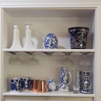 BLUE AND WHITE POTTERY AND COPPER ITEMS