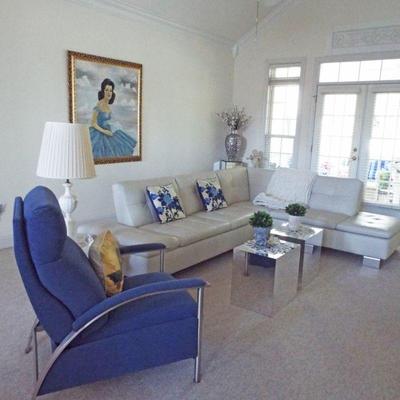 W. SCHILLIG PRIMANTI LEATHER SECTIONAL SOFA W/ CHROME ACCENTS DESIGNED BY JAN ARMGARDT AND ETHAN ALLEN ROYAL BLUE RECLINER W/ CHROME ACCENTS