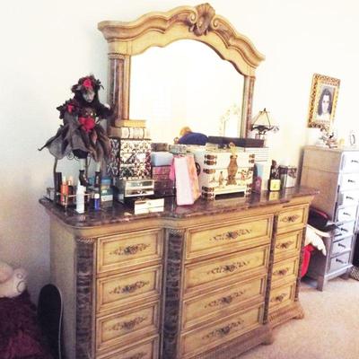 Sale Photo Thumbnail #31: MASTER BEDROOM PARCHMENT COLOR WOOD COUNTRY FRENCH DRESSER AND MIRROR