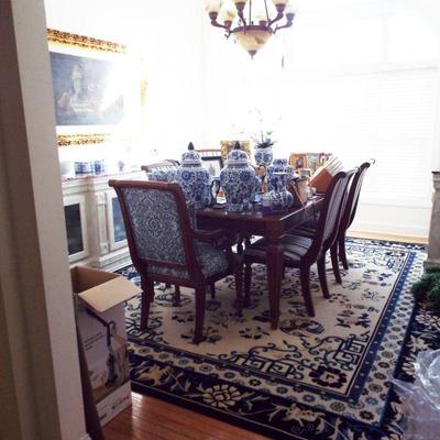 ETHAN ALLEN DINING TABLE
W/BALUSTER LEGS & 2 LEAVES
8 CHAIRS LARGE FAUX MARBLE BUFFET AND SIDE CABINET AND CHINESE CARVED BLUE AND...