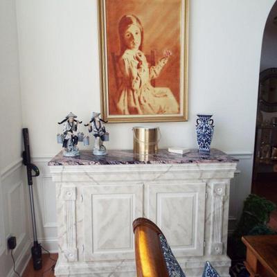 SMALL MARBLE FAUX FINISH MARBLE TOP CABINET