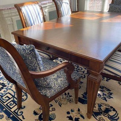 ETHAN ALLEN DINING TABLE
W/BALUSTER LEGS & 2 LEAVES
8 CHAIRS LARGE FAUX MARBLE BUFFET AND SIDE CABINET AND CHINESE CARVED BLUE AND...