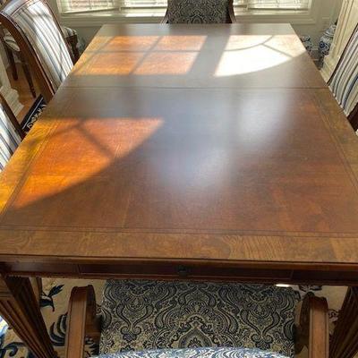 ETHAN ALLEN DINING TABLE
W/BALUSTER LEGS & 2 LEAVES
8 CHAIRS LARGE FAUX MARBLE BUFFET AND SIDE CABINET AND CHINESE CARVED BLUE AND...