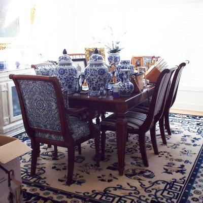 ETHAN ALLEN DINING TABLE
W/BALUSTER LEGS & 2 LEAVES
8 CHAIRS LARGE FAUX MARBLE BUFFET AND SIDE CABINET AND CHINESE CARVED BLUE AND...
